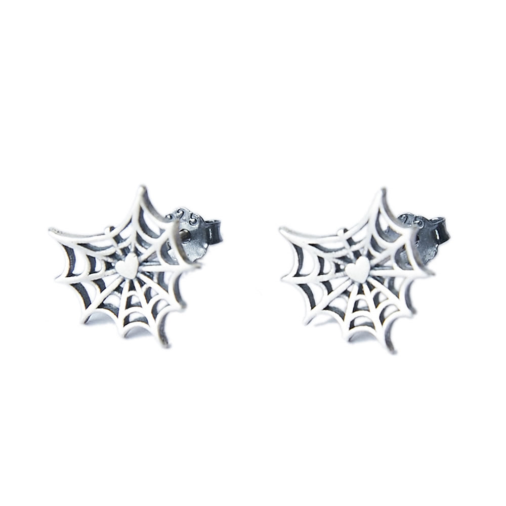 Sterling Silver Cobweb Heart Stud Earrings