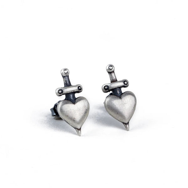 Sterling silver heart and dagger stud earrings