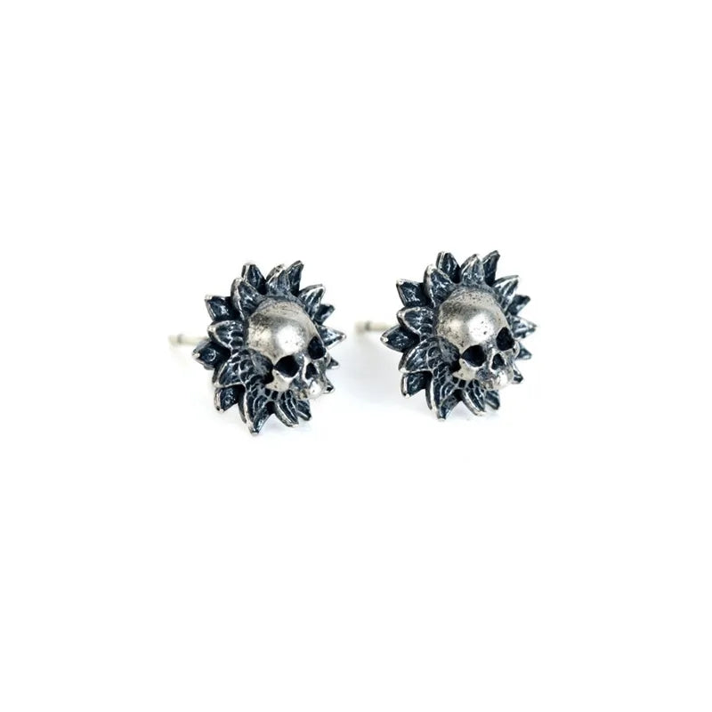 Sterling Silver Flower Skull Stud Earrings